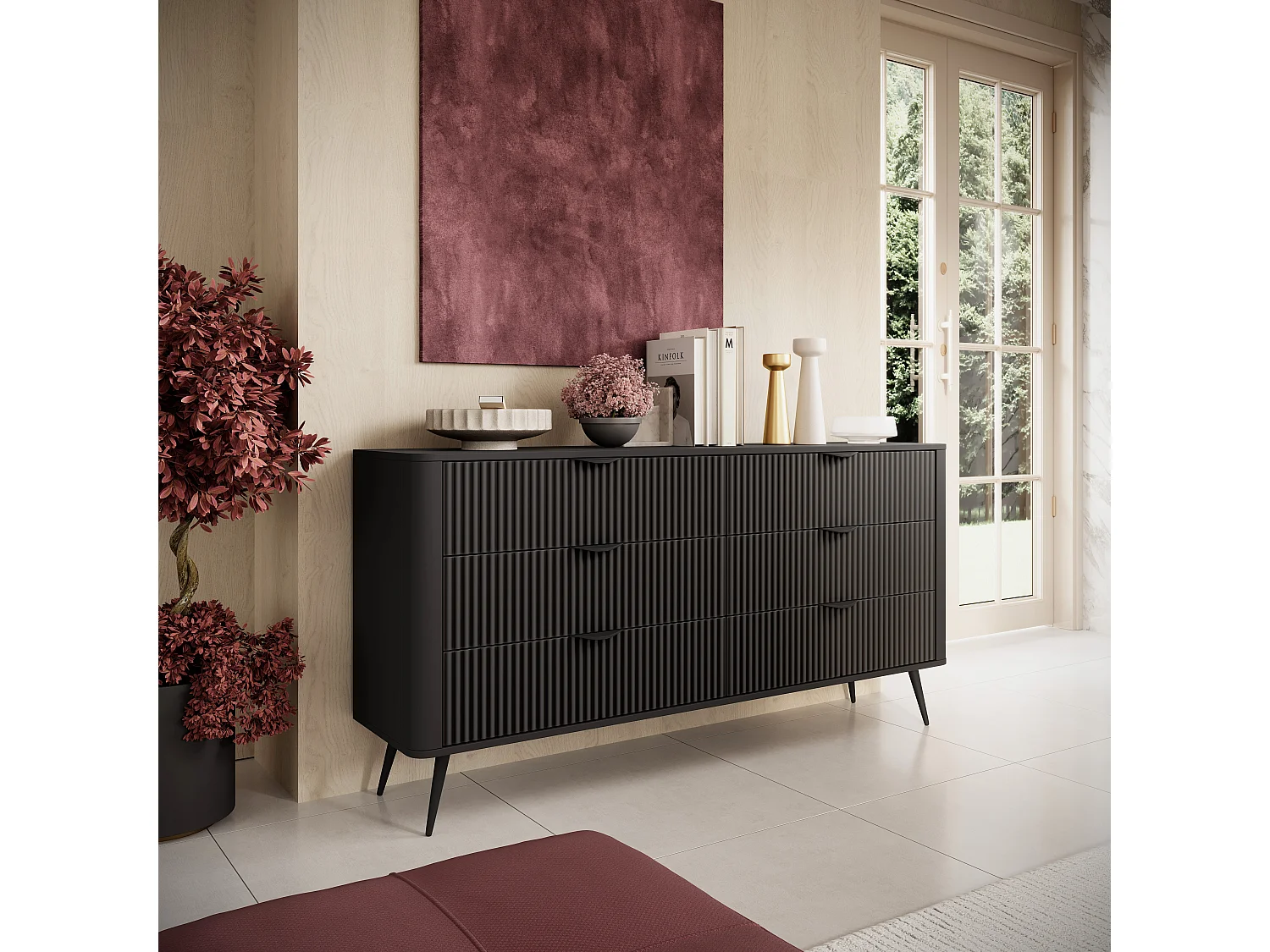 Commode : 6 Tiroirs, Noir, 163,2 X 81,2 X 38cm