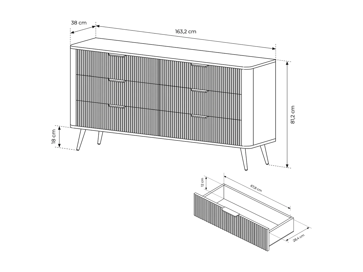 Commode : 6 Tiroirs, Noir, 163,2 X 81,2 X 38cm