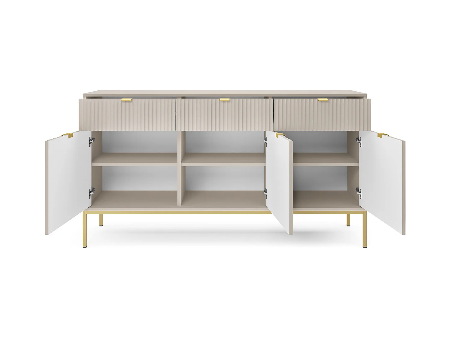 Komoda: 3 szuflady, 3 drzwi, kaszmir, złoty, 154 x 83 x 39 cm, złote uchwyty