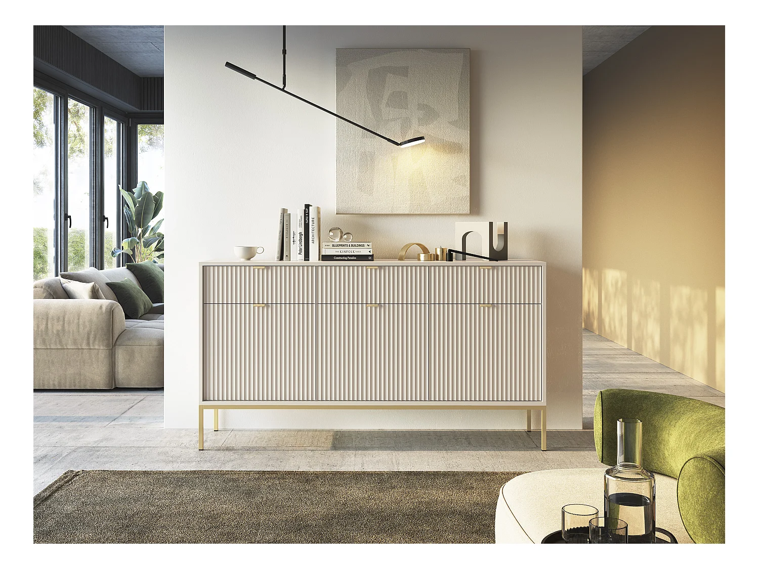 Komoda: 3 szuflady, 3 drzwi, kaszmir, złoty, 154 x 83 x 39 cm, złote uchwyty