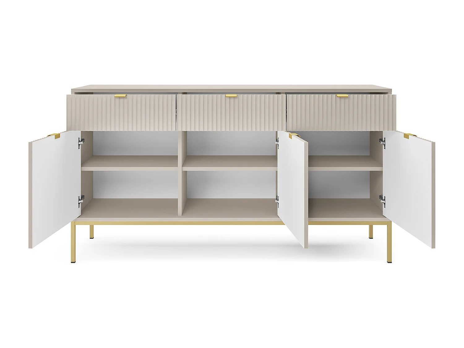 Commode : 3 Tiroirs, 3 Portes, Cachemire, or, 154 x 83 x 39 cm, poignées dorées