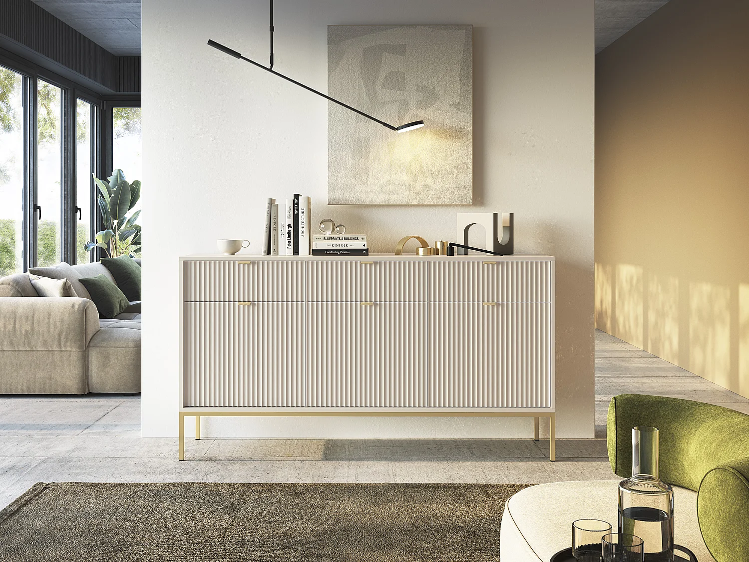 Commode : 3 Tiroirs, 3 Portes, Cachemire, or, 154 x 83 x 39 cm, poignées dorées