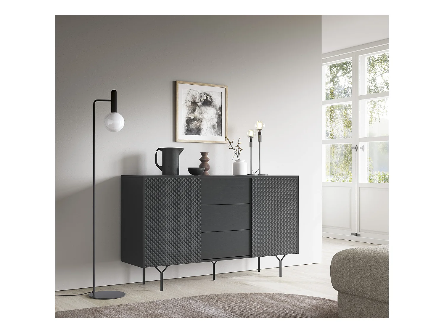 Komoda: 3 szuflady, 2 drzwi, 4 półki, kolor grafitowy, 144 x 83 x 38 cm