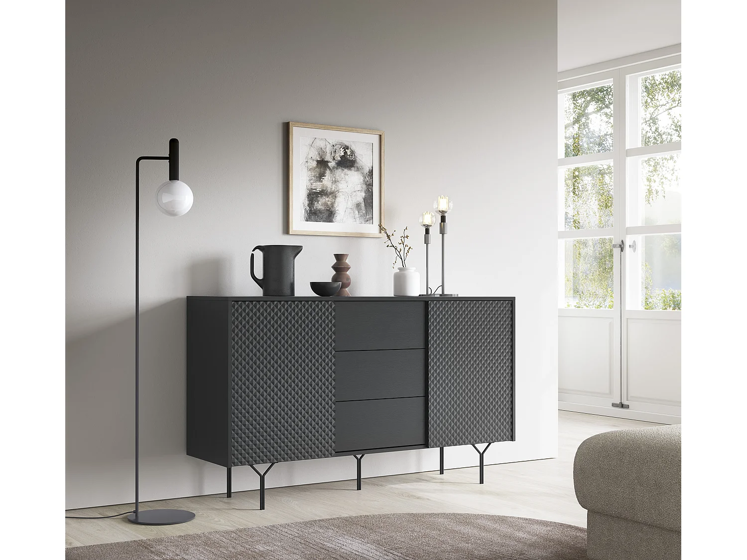 Commode : 3 tiroirs, 2 portes, 4 étagères, noir graphite, 144 x 83 x 38 cm