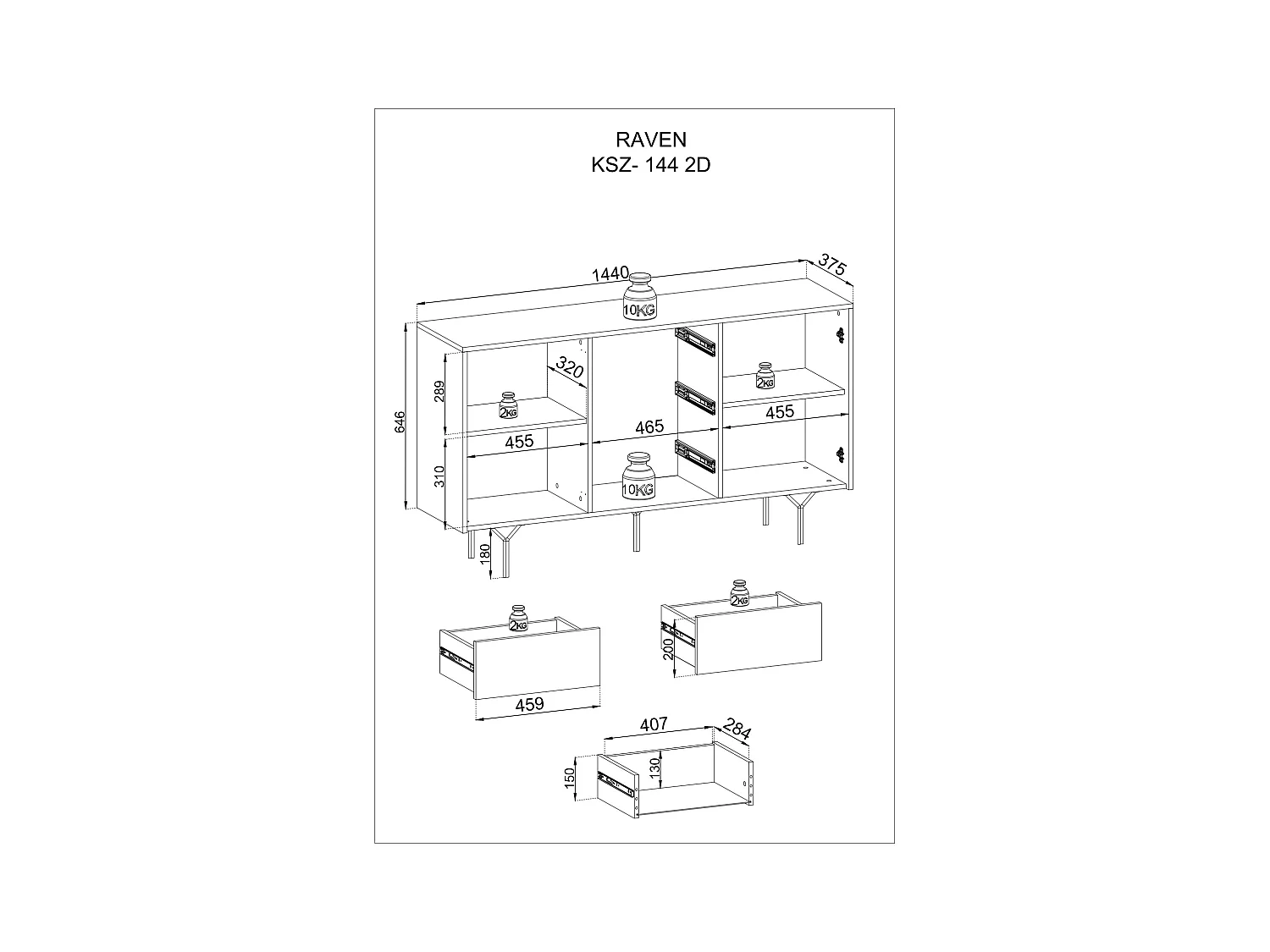 Commode : 3 tiroirs, 2 portes, 4 étagères, noir graphite, 144 x 83 x 38 cm