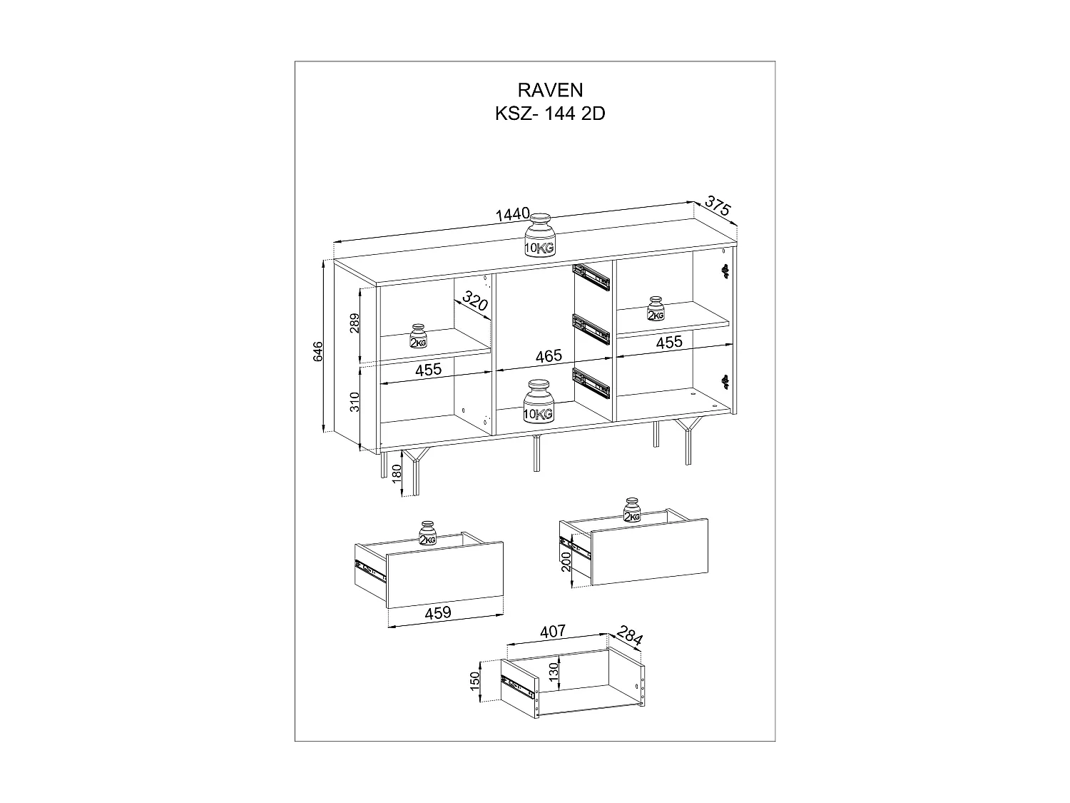 Commode : 3 tiroirs, 2 portes, 4 étagères, noir graphite, 144 x 83 x 38 cm