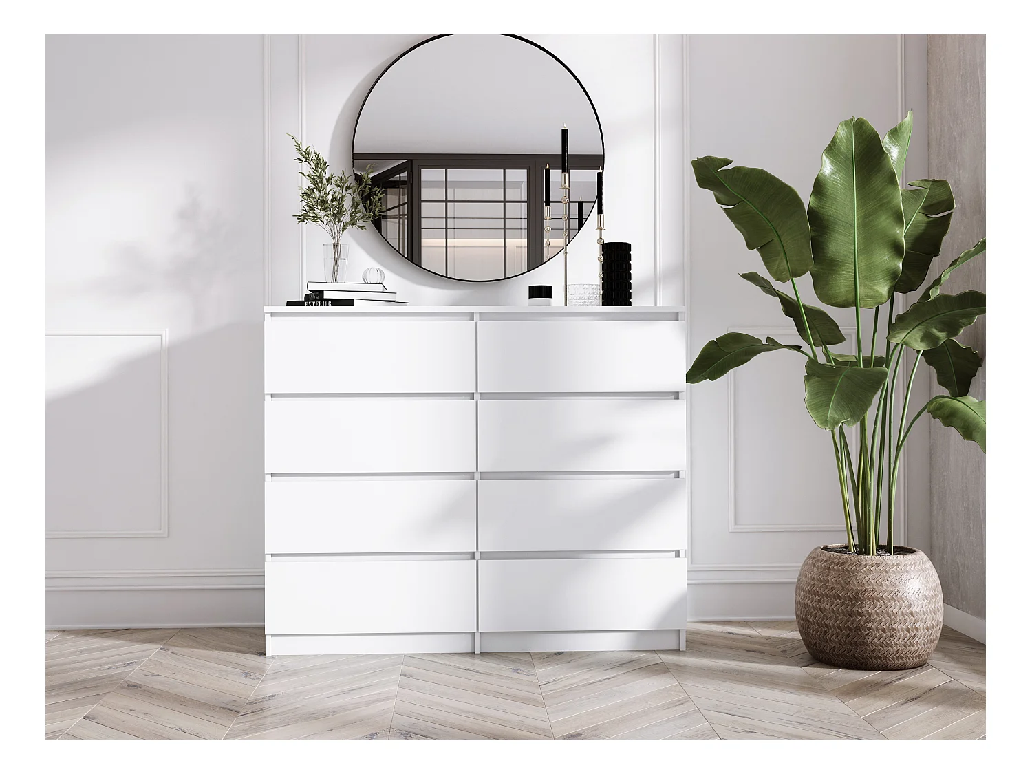 Commode 8 tiroirs : Blanc Mat, 138 x 101 x 39 cm