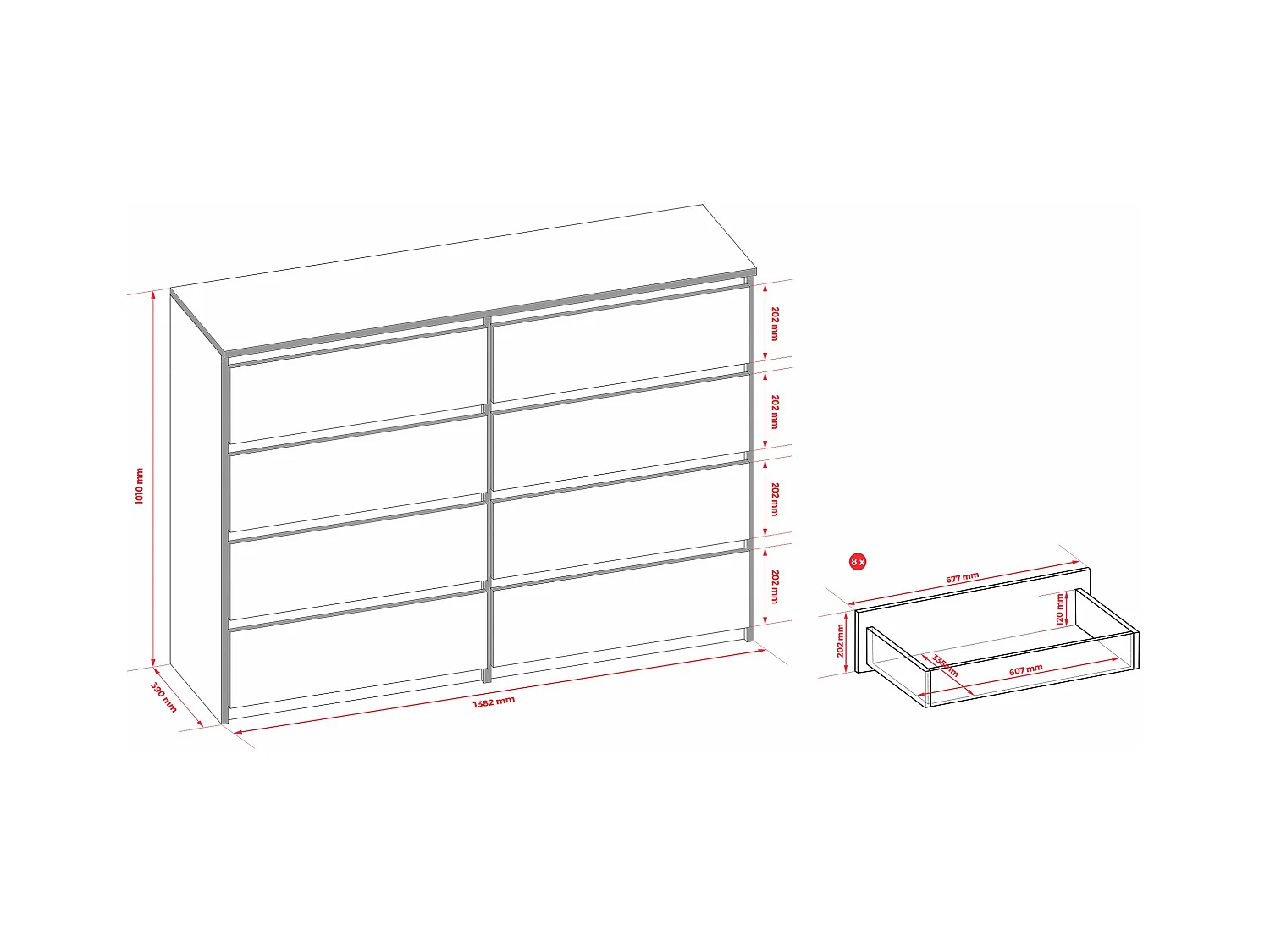 Commode 8 tiroirs : Blanc Mat, 138 x 101 x 39 cm