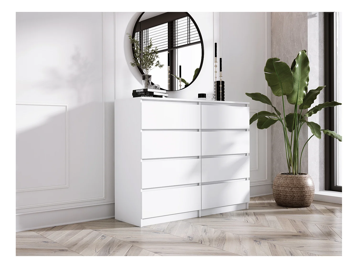 Commode 8 tiroirs : Blanc Mat, 138 x 101 x 39 cm