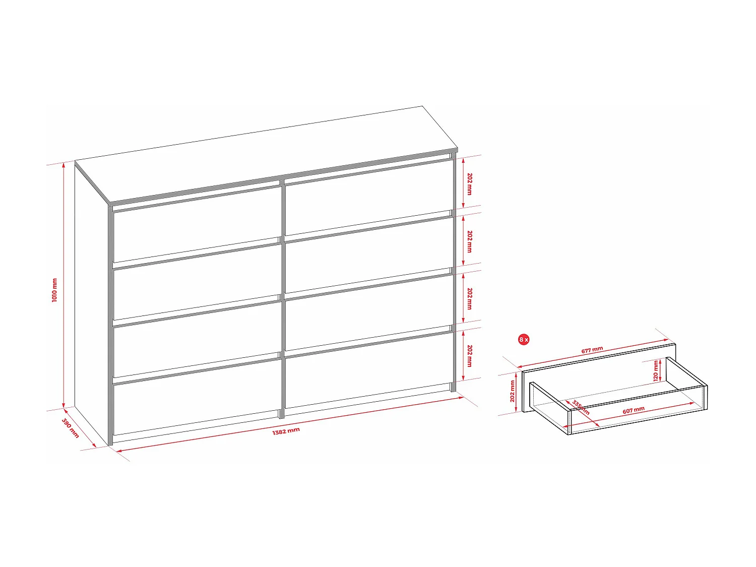 Commode 8 tiroirs : Blanc Mat, 138 x 101 x 39 cm