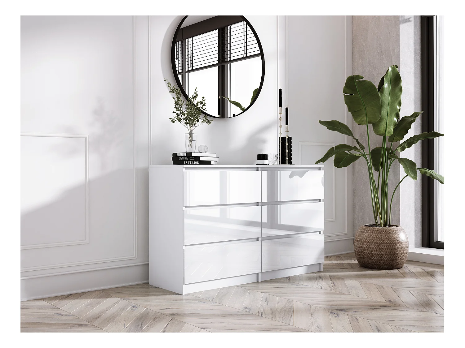 Cassettiera a 6 cassetti: Bianco opaco / Bianco lucido, 120 x 39 x 79 cm