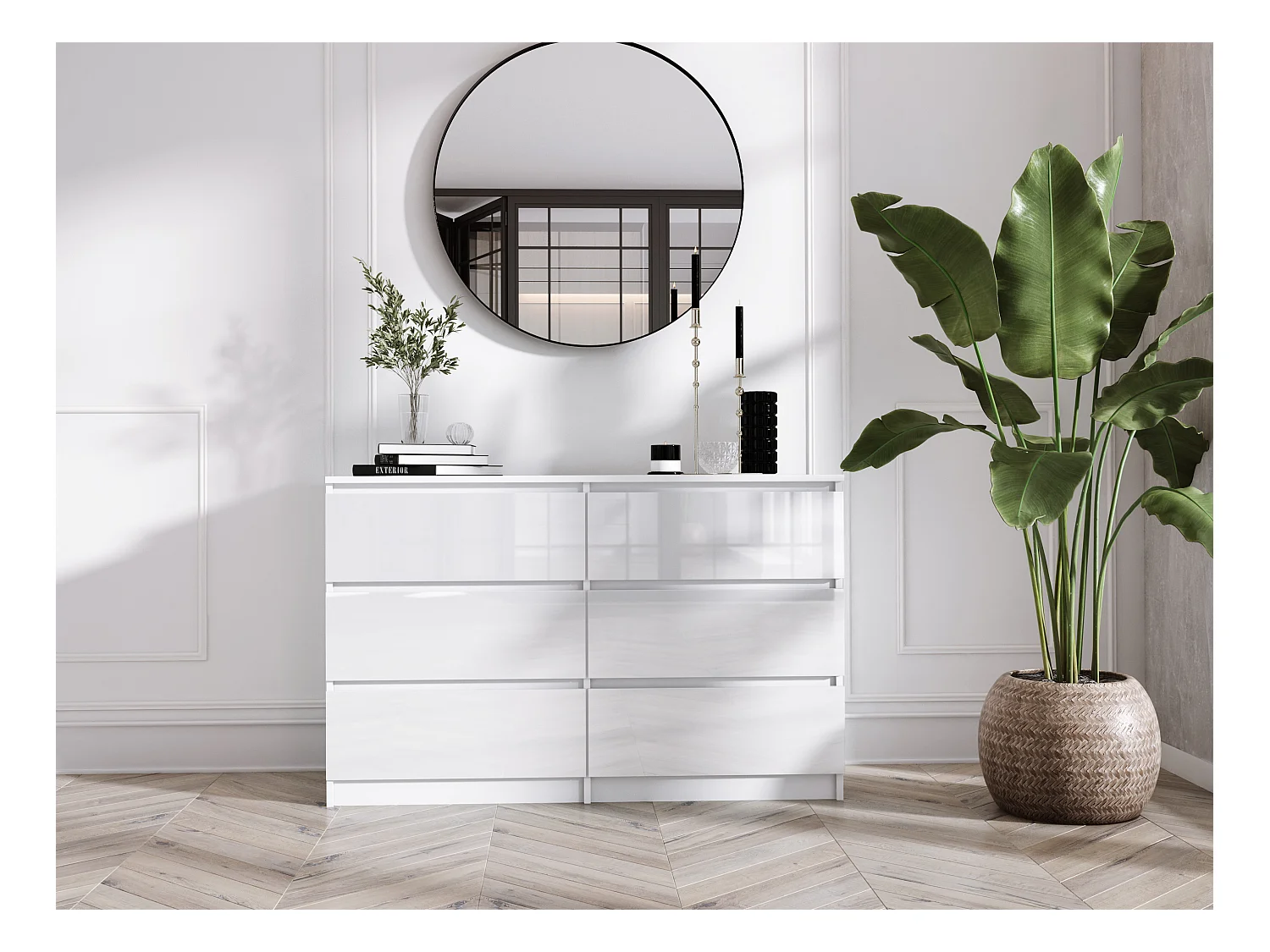 Cassettiera a 6 cassetti: Bianco opaco / Bianco lucido, 120 x 39 x 79 cm