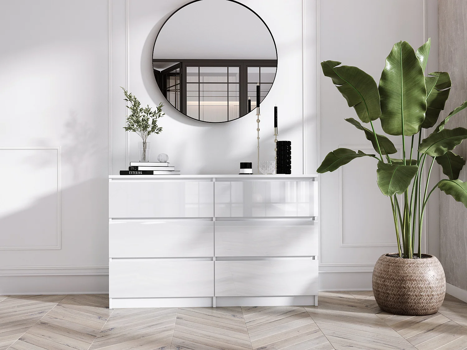 Cómoda com 6 gavetas: Branco Mate / Branco Brilhante, 120 x 39 x 79 cm