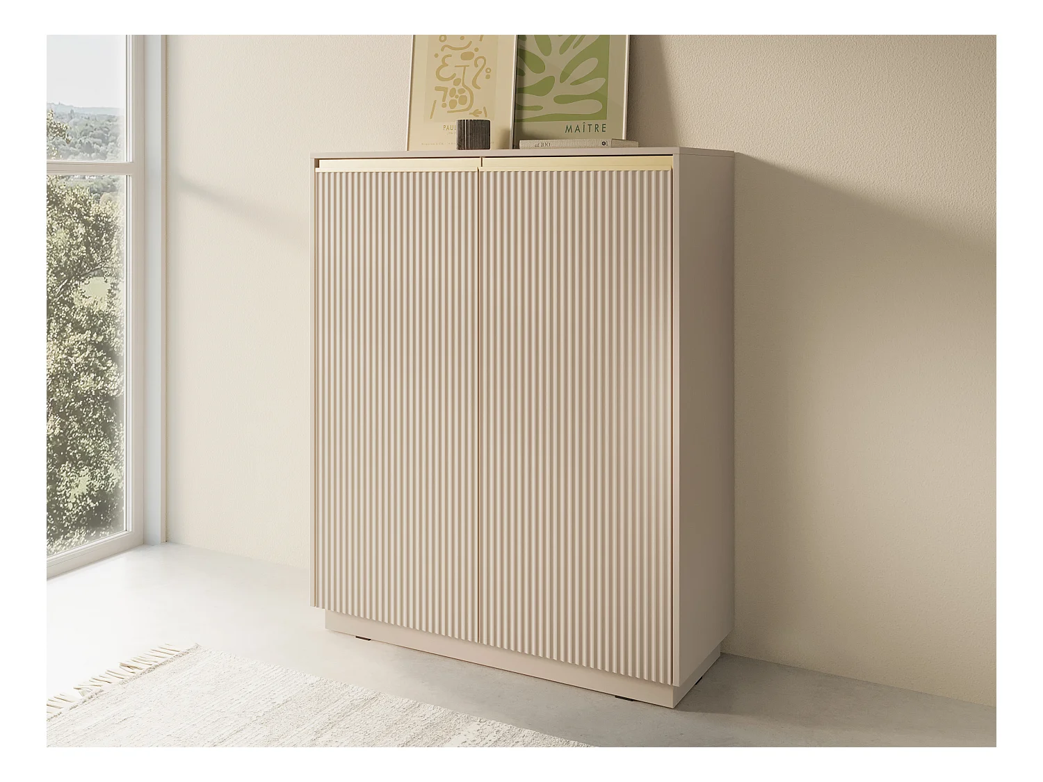 Kommode: 2 Türen, 6 Einlegeböden, Sandbeige, 103,5 x 127 x 39 cm