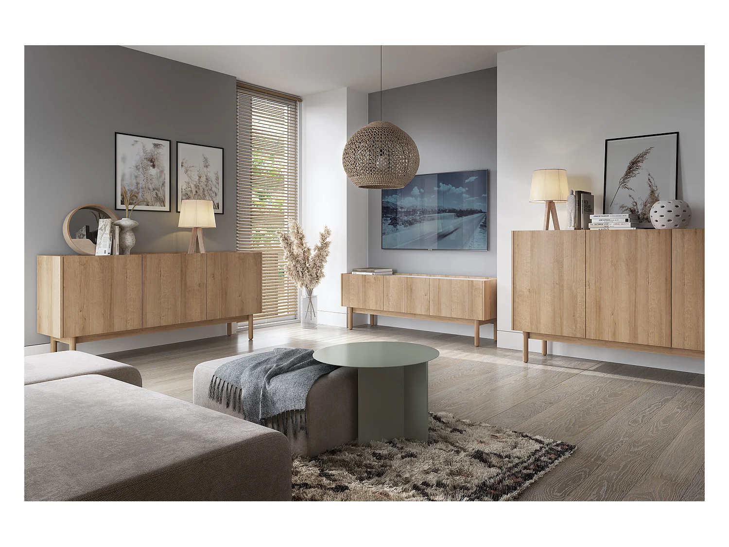 Cajonera: 3 puertas, 6 estantes, Roble Riviera, 144 x 68 x 37 cm