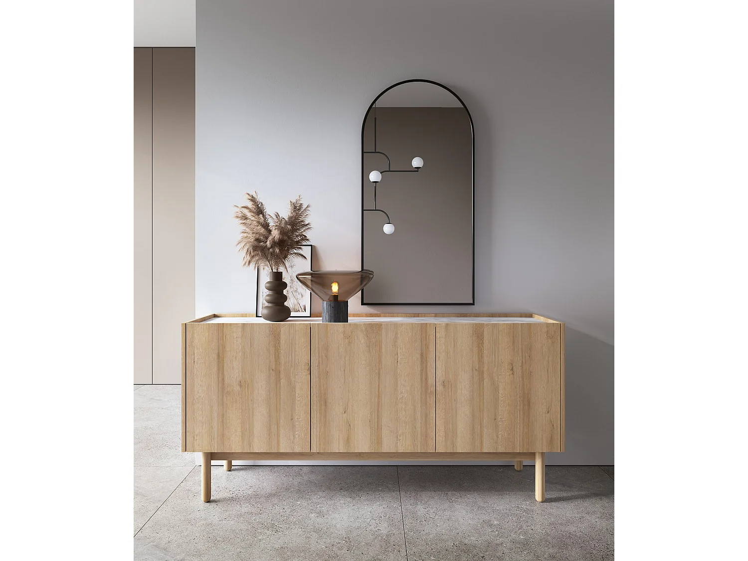 Ladekast: 3 deuren, 6 planken, Riviera eiken, 144 x 68 x 37 cm