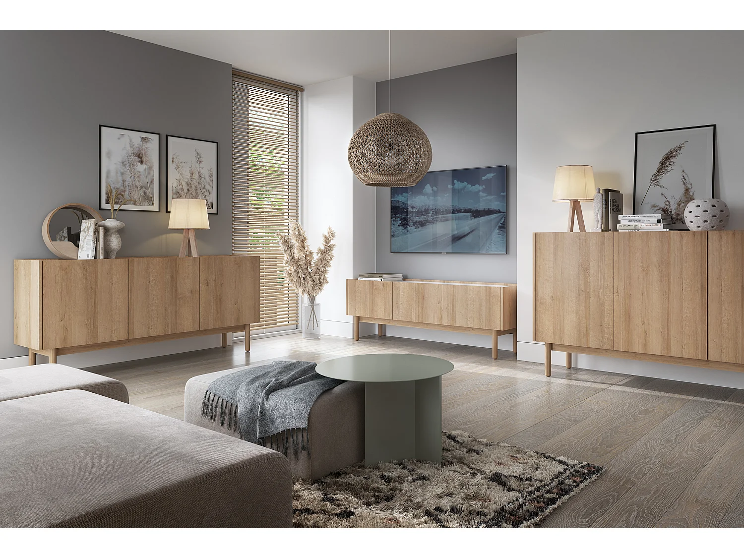 Ladekast: 3 deuren, 6 planken, Riviera eiken, 144 x 68 x 37 cm