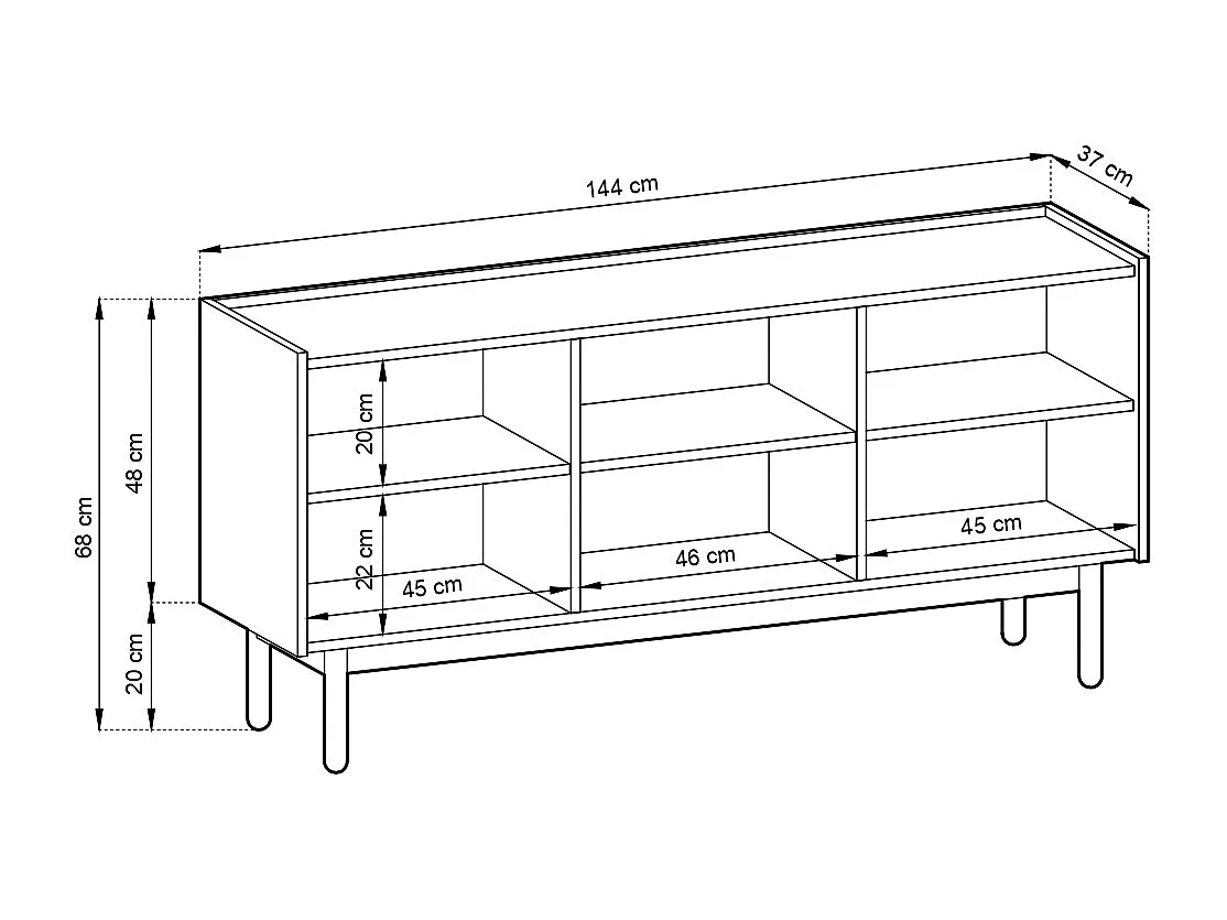 Ladekast: 3 deuren, 6 planken, Riviera eiken, 144 x 68 x 37 cm
