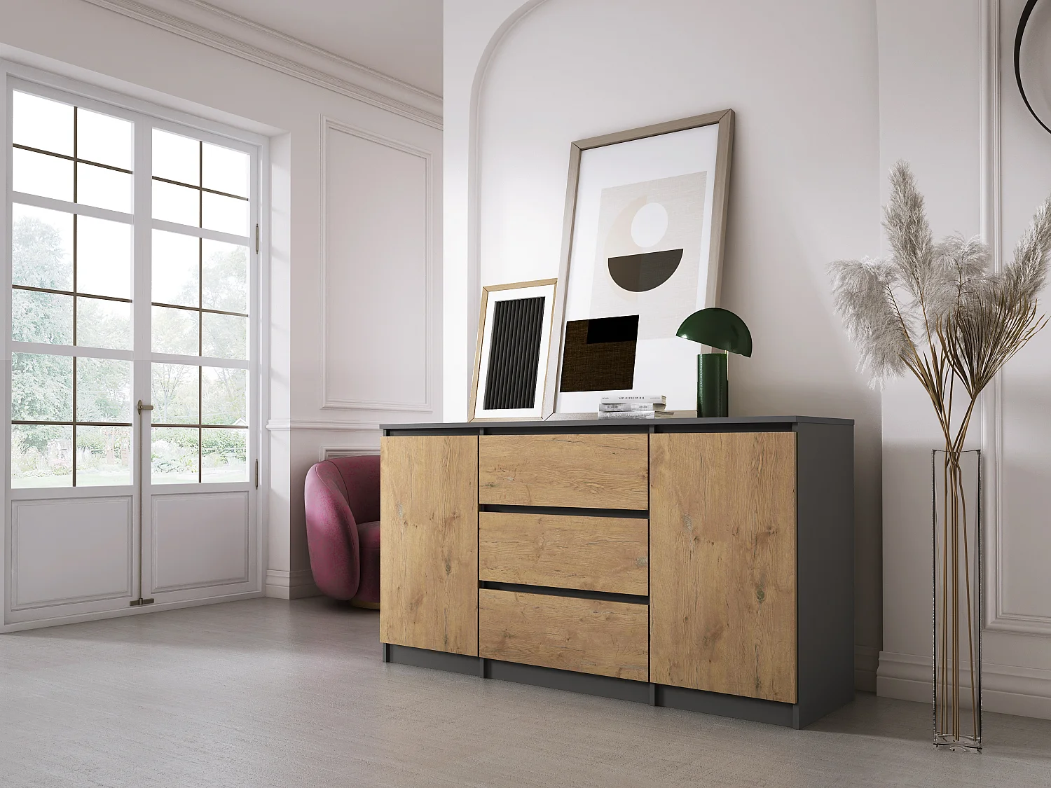 Commode : Anthracite /  Chêne Lancelot , 140 x 78 x 39 cm, 3 tiroirs, 2 portes