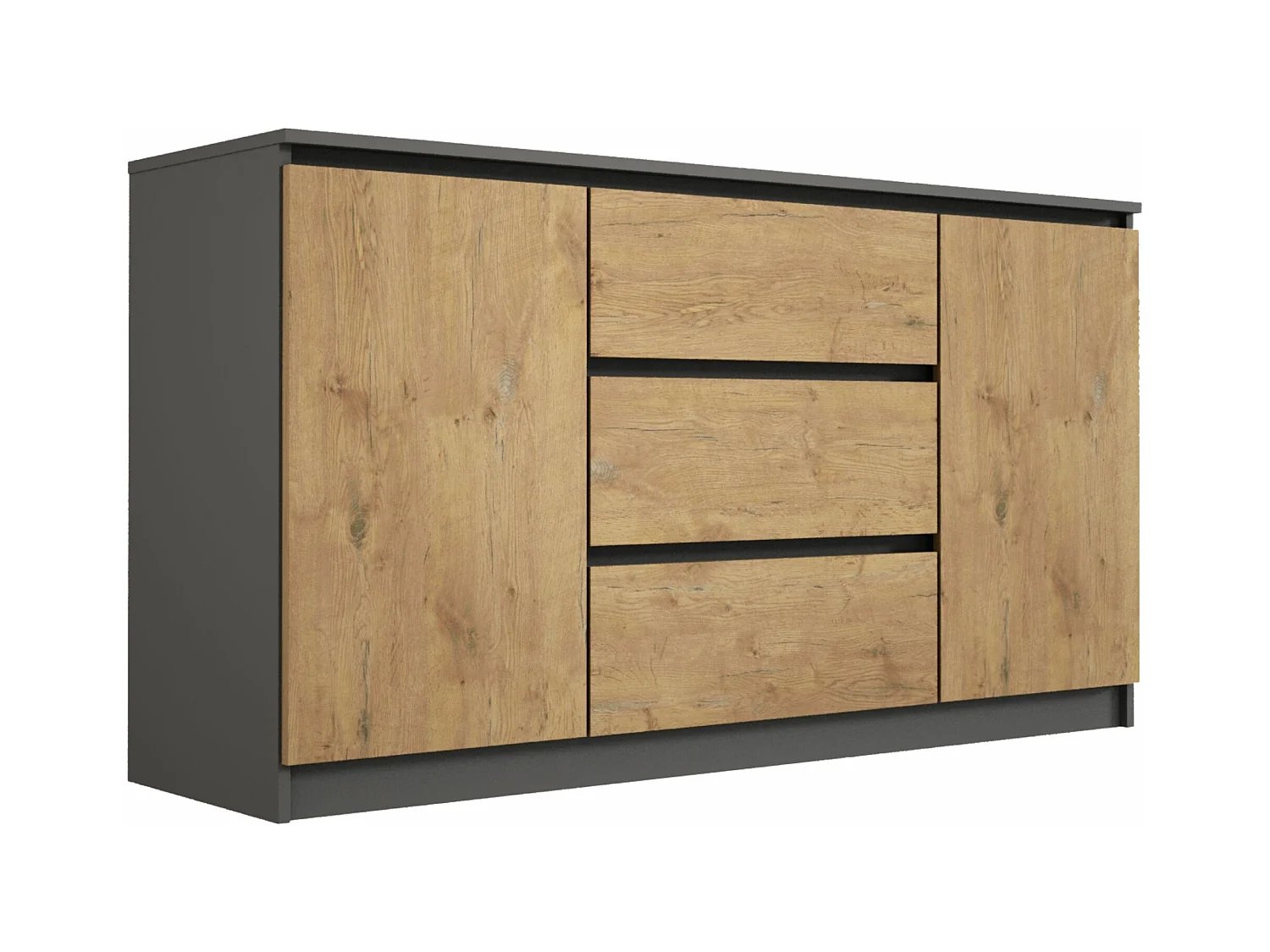 Commode : Anthracite /  Chêne Lancelot , 140 x 78 x 39 cm, 3 tiroirs, 2 portes