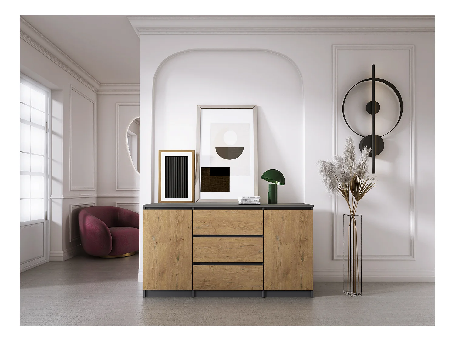 Commode : Anthracite /  Chêne Lancelot , 140 x 78 x 39 cm, 3 tiroirs, 2 portes