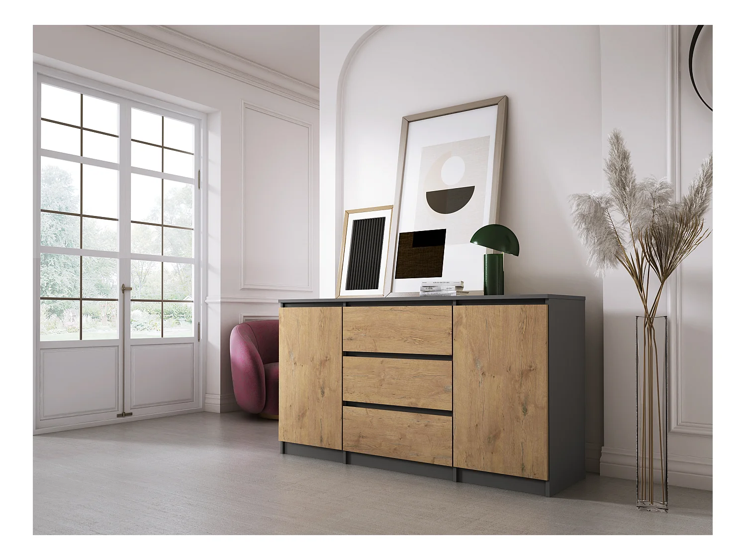 Commode : Anthracite /  Chêne Lancelot , 140 x 78 x 39 cm, 3 tiroirs, 2 portes