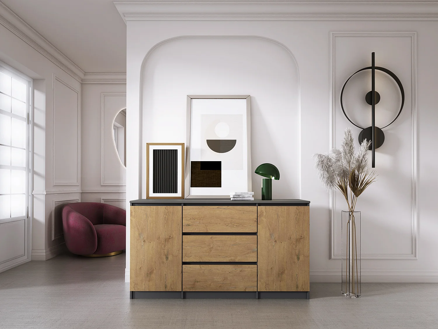 Commode : Anthracite /  Chêne Lancelot , 140 x 78 x 39 cm, 3 tiroirs, 2 portes