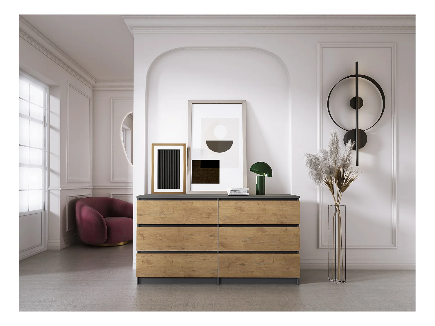 Commode 6 Tiroirs : Anthracite / Chêne Lancelot, 138 x 39 x 79 cm