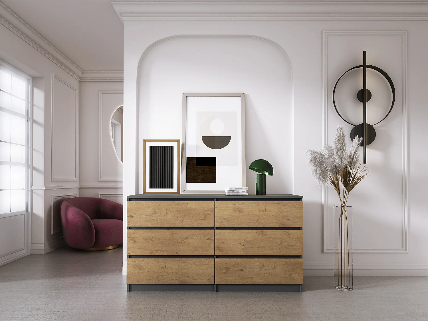 Kommode mit 6 Schubladen: Anthrazit/Lancelot-Eiche, 138 x 39 x 79 cm