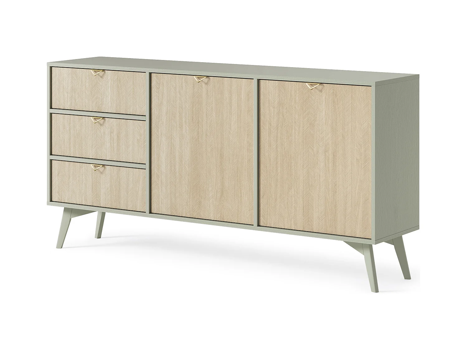 Kommode: Eukalyptus / Scandi-Fischgrätenmuster, Holzbeine, 158 x 80 x 38 cm