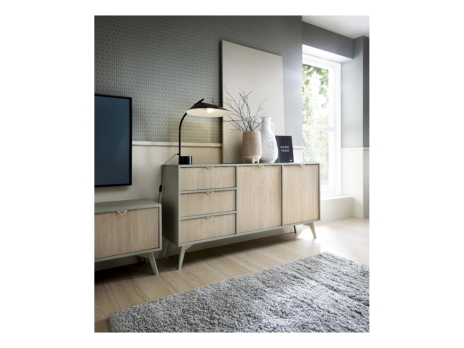 Kommode: Eukalyptus / Scandi-Fischgrätenmuster, Holzbeine, 158 x 80 x 38 cm