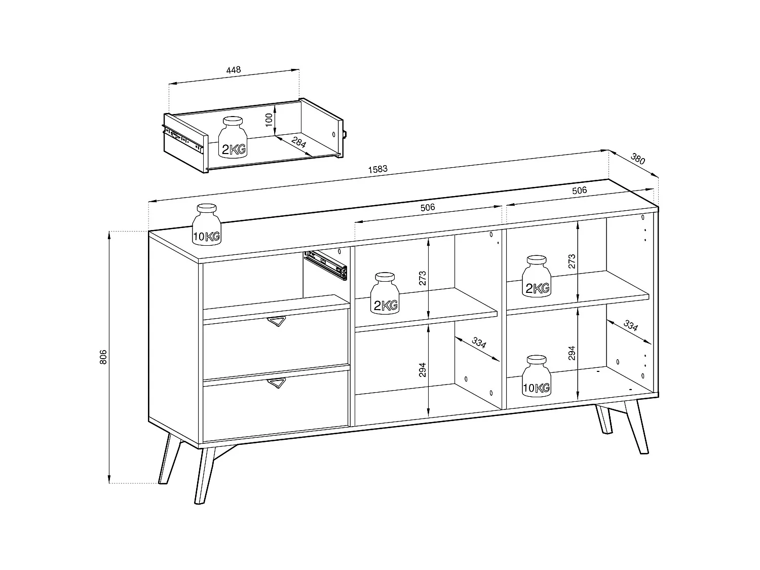 Kommode: Eukalyptus / Scandi-Fischgrätenmuster, Holzbeine, 158 x 80 x 38 cm