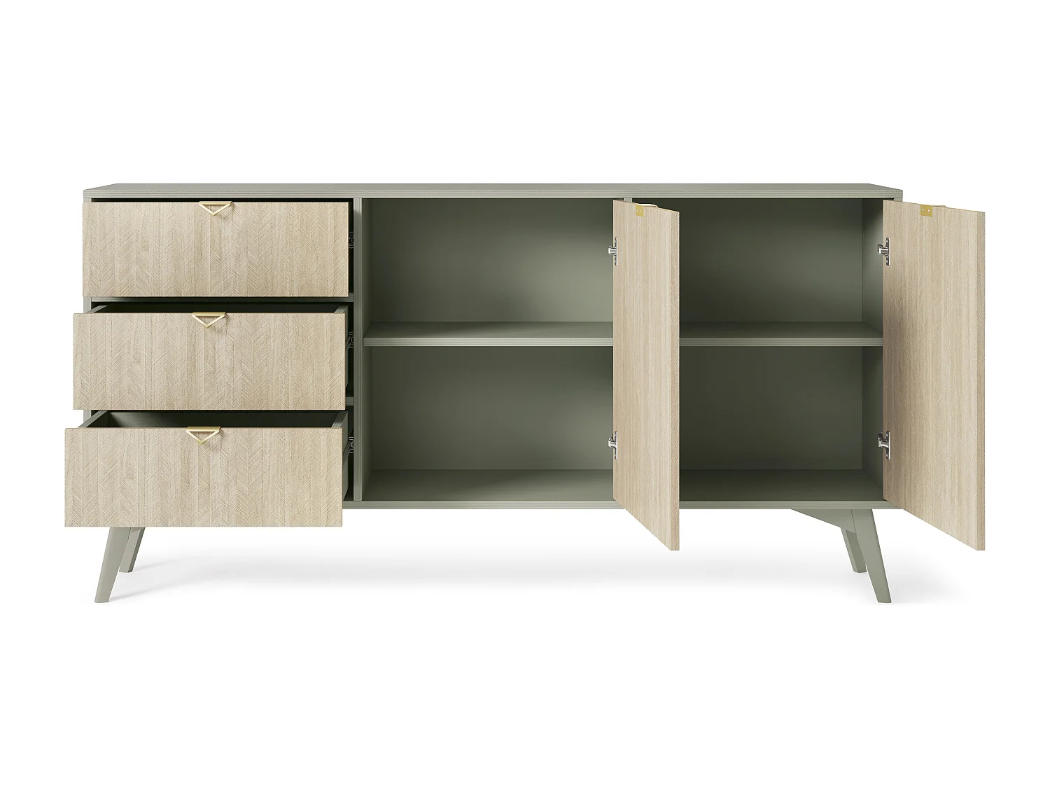 Commode : Eucalyptus / Chevrons scandi, Pieds Bois, 158 X 80 X 38cm