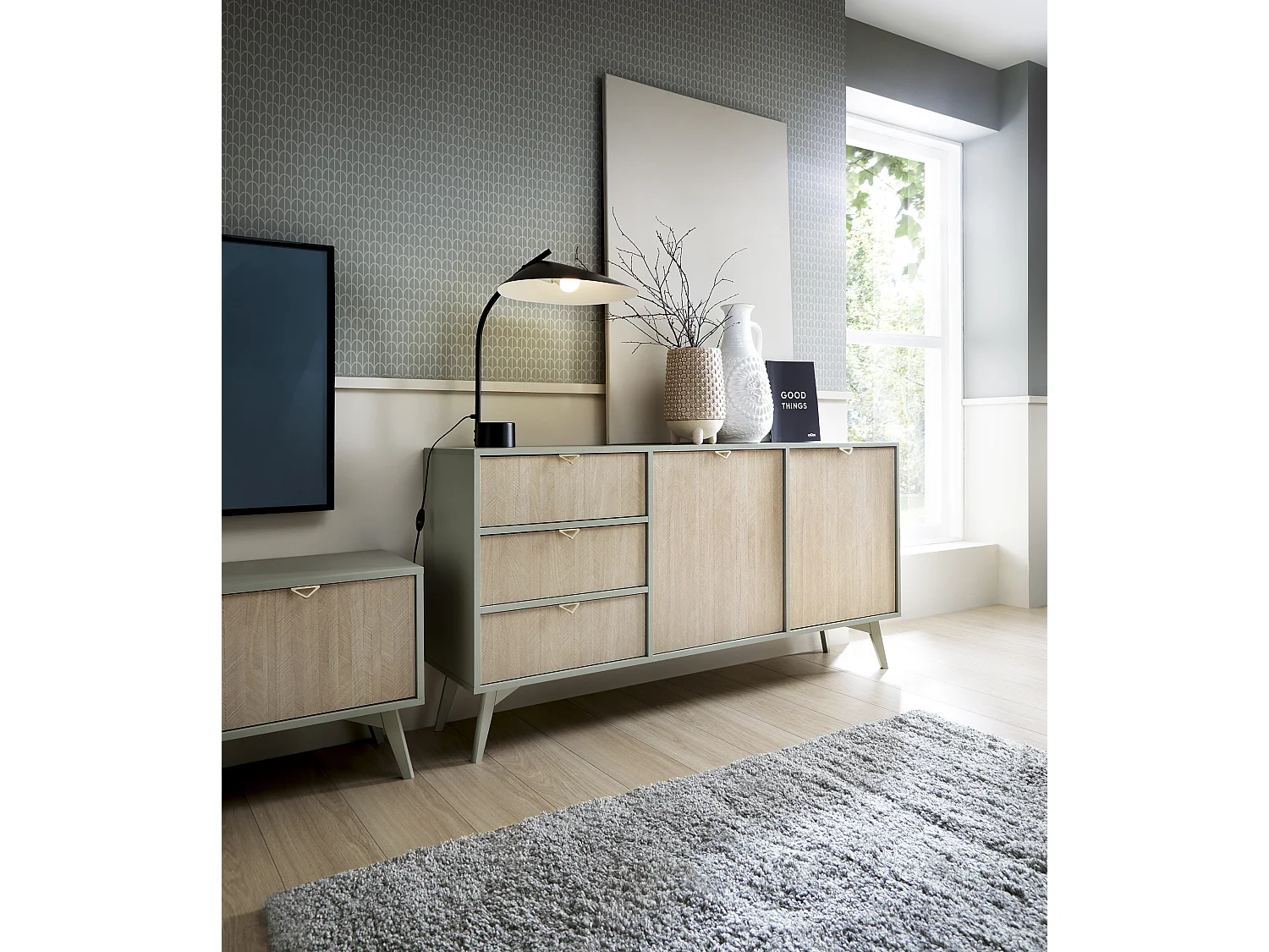 Commode : Eucalyptus / Chevrons scandi, Pieds Bois, 158 X 80 X 38cm