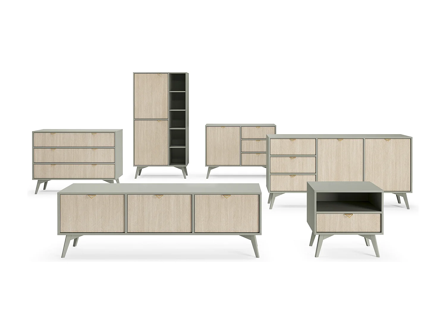 Commode : Eucalyptus / Chevrons scandi, Pieds Bois, 158 X 80 X 38cm