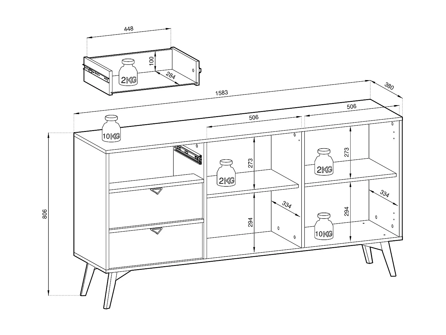 Commode : Eucalyptus / Chevrons scandi, Pieds Bois, 158 X 80 X 38cm