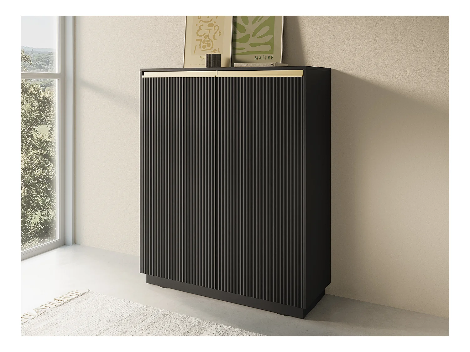 Kommode: 2 Türen, 6 Einlegeböden, Graphitschwarz, 103,5 x 127 x 39 cm