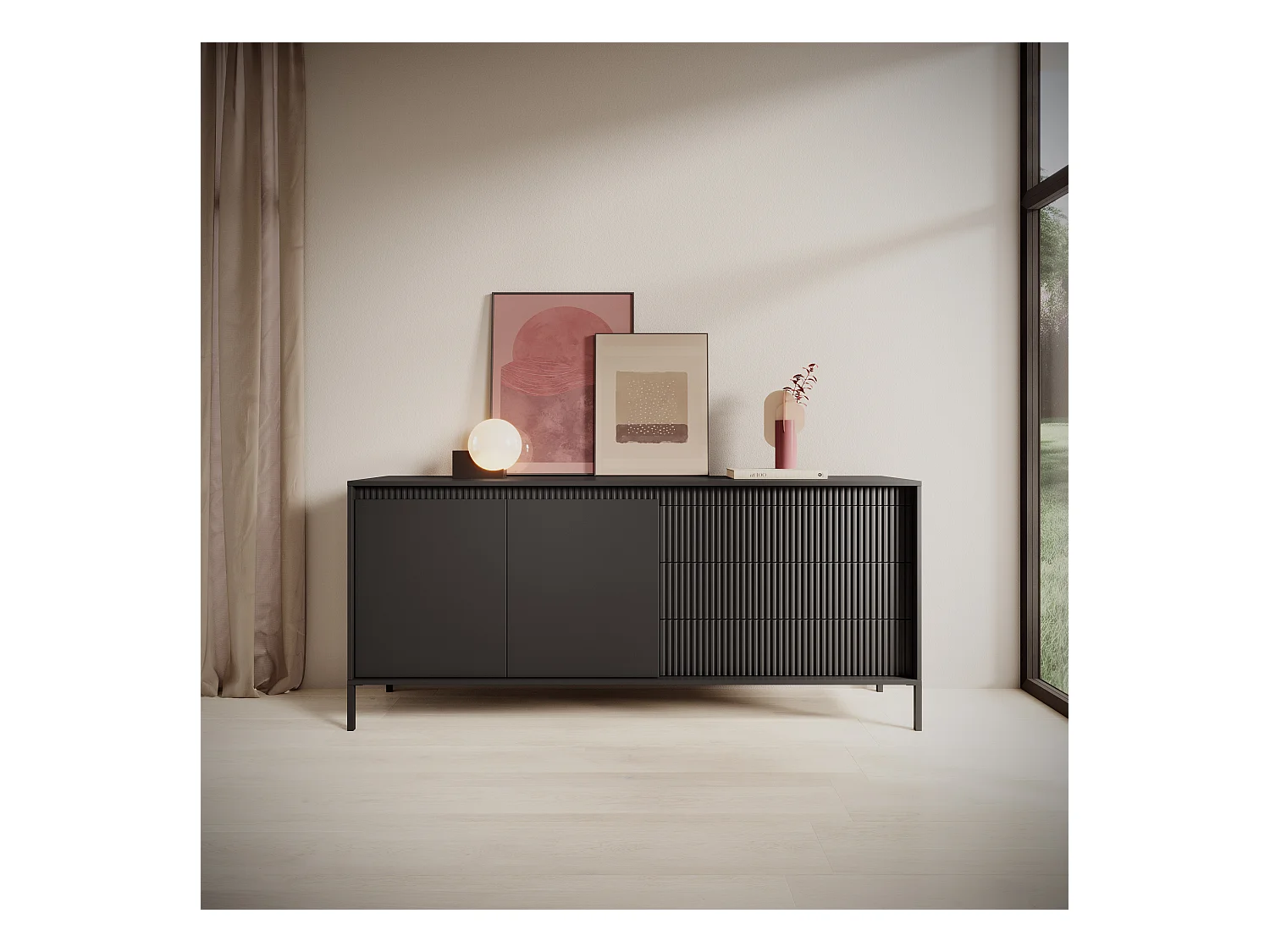 Komoda: 3 szuflady, 2 drzwi, czarna, 81,4 x 187,1 x 39,5 cm