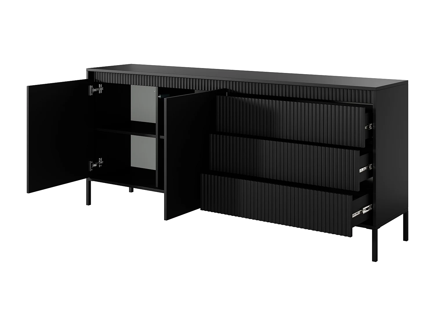 Commode : 3 Tiroirs, 2 Portes, Noir, 81,4 X 187,1 X 39,5 Cm