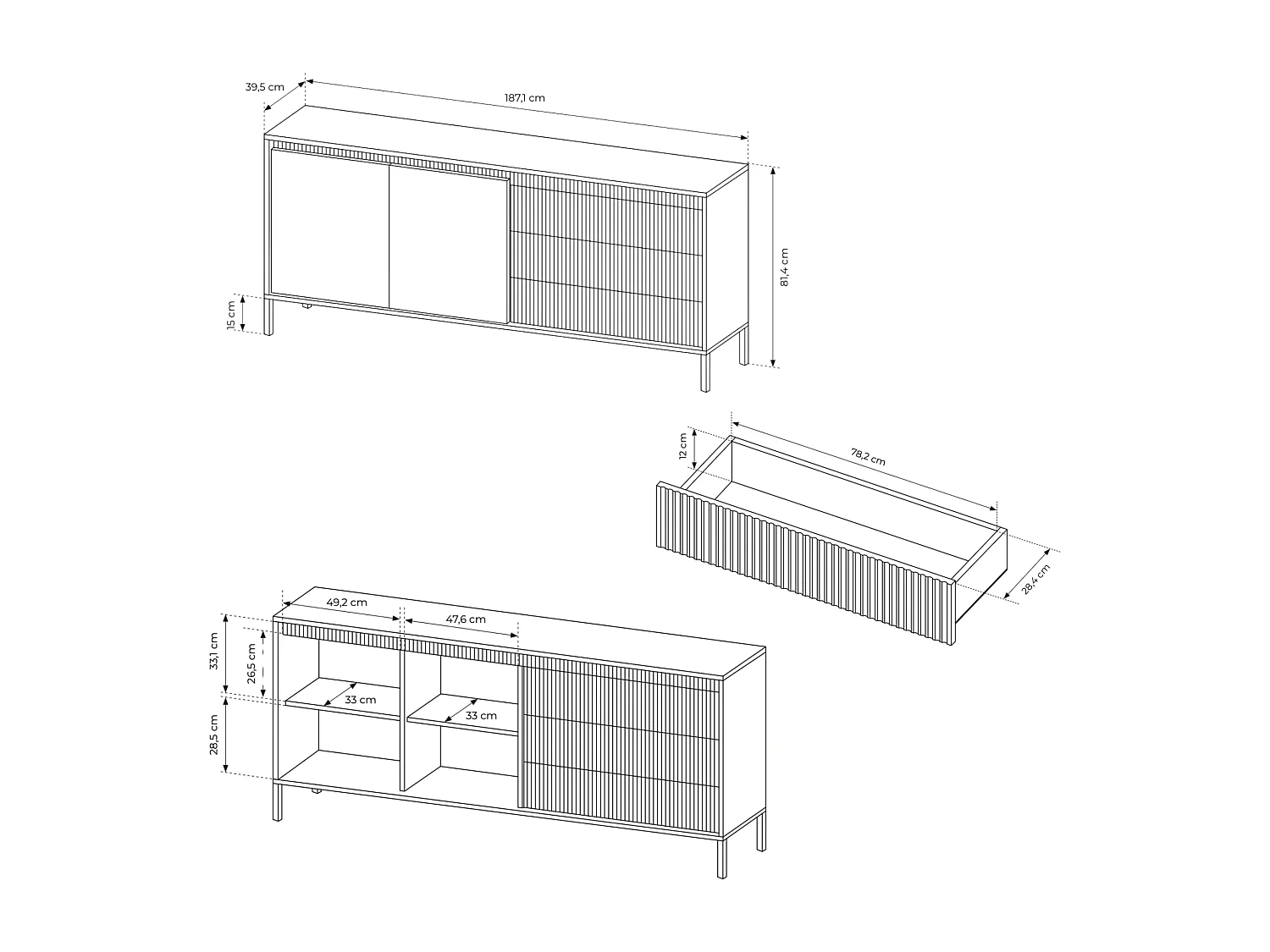 Kommode: 3 Schubladen, 2 Türen, schwarz, 81,4 x 187,1 x 39,5 cm