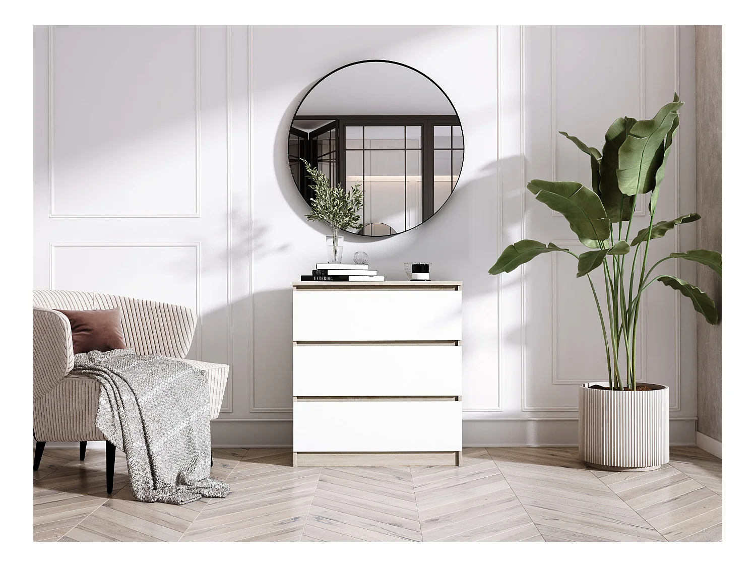 Cómoda de 3 cajones: Roble Sonoma / Blanco, 70 x 39 x 79 cm