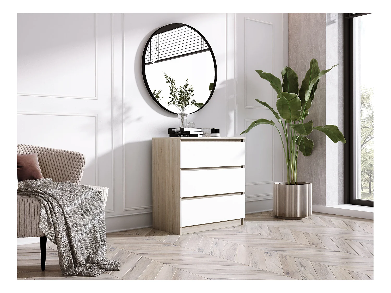 Commode 3 Tiroirs : Chêne Sonoma / Blanc, 70 x 39 x 79 cm