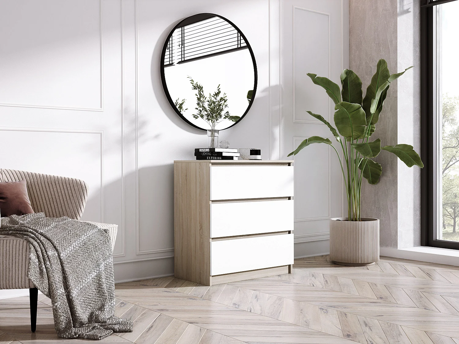 Commode 3 Tiroirs : Chêne Sonoma / Blanc, 70 x 39 x 79 cm