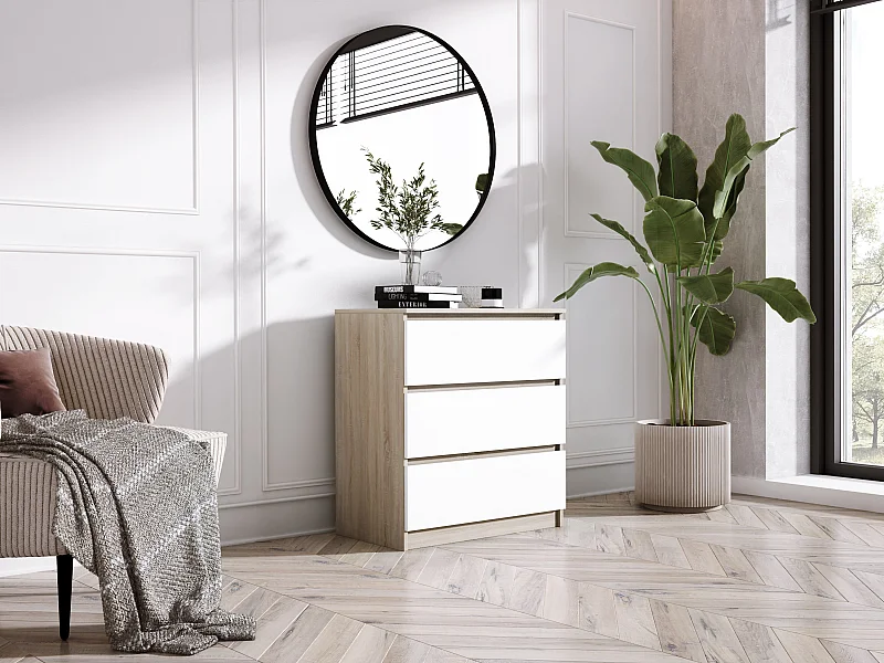 Commode 3 Tiroirs : Chêne Sonoma / Blanc, 70 x 39 x 79 cm