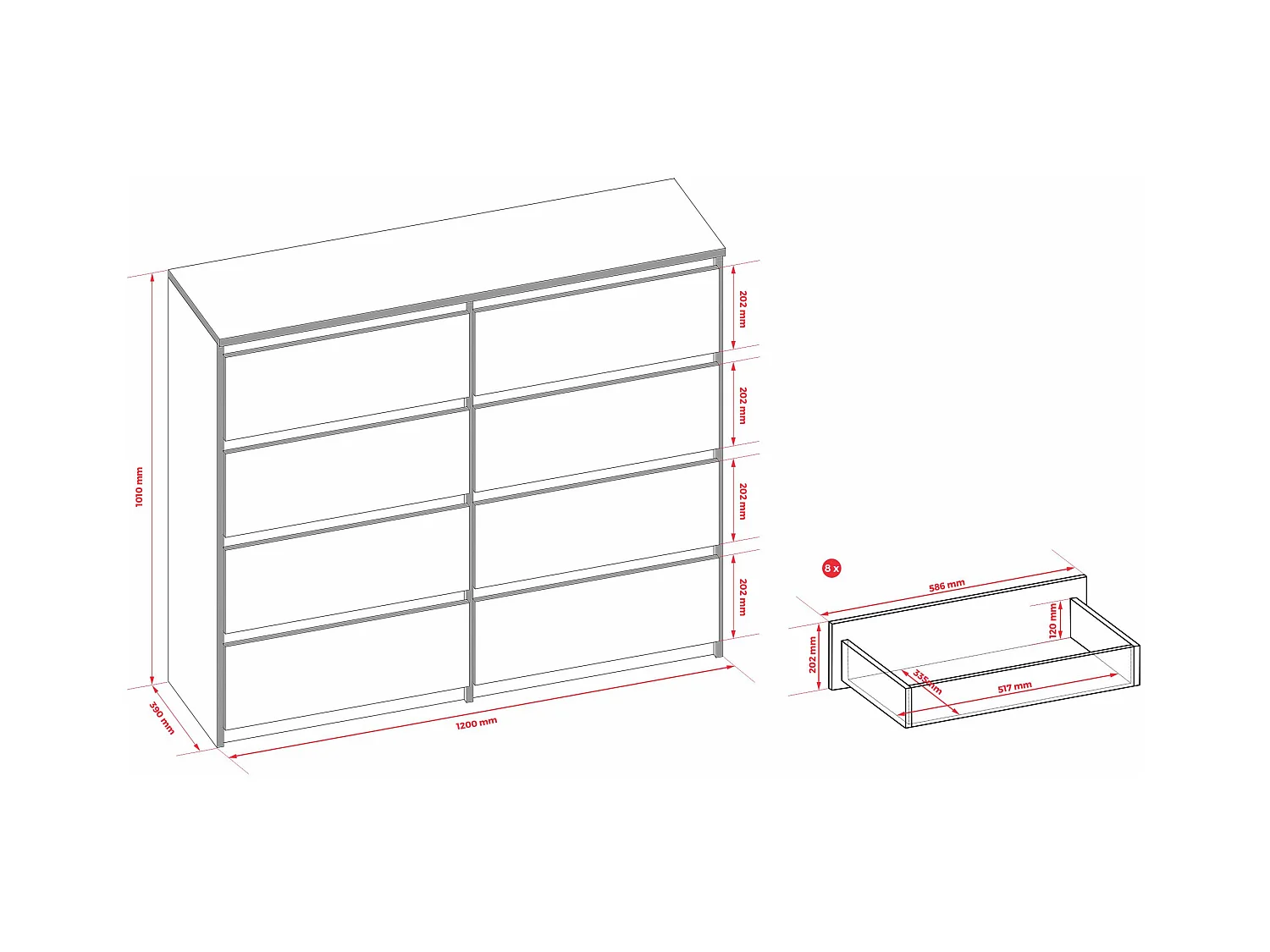 Cómoda de 8 cajones: blanco mate, 120 x 39 x 101 cm
