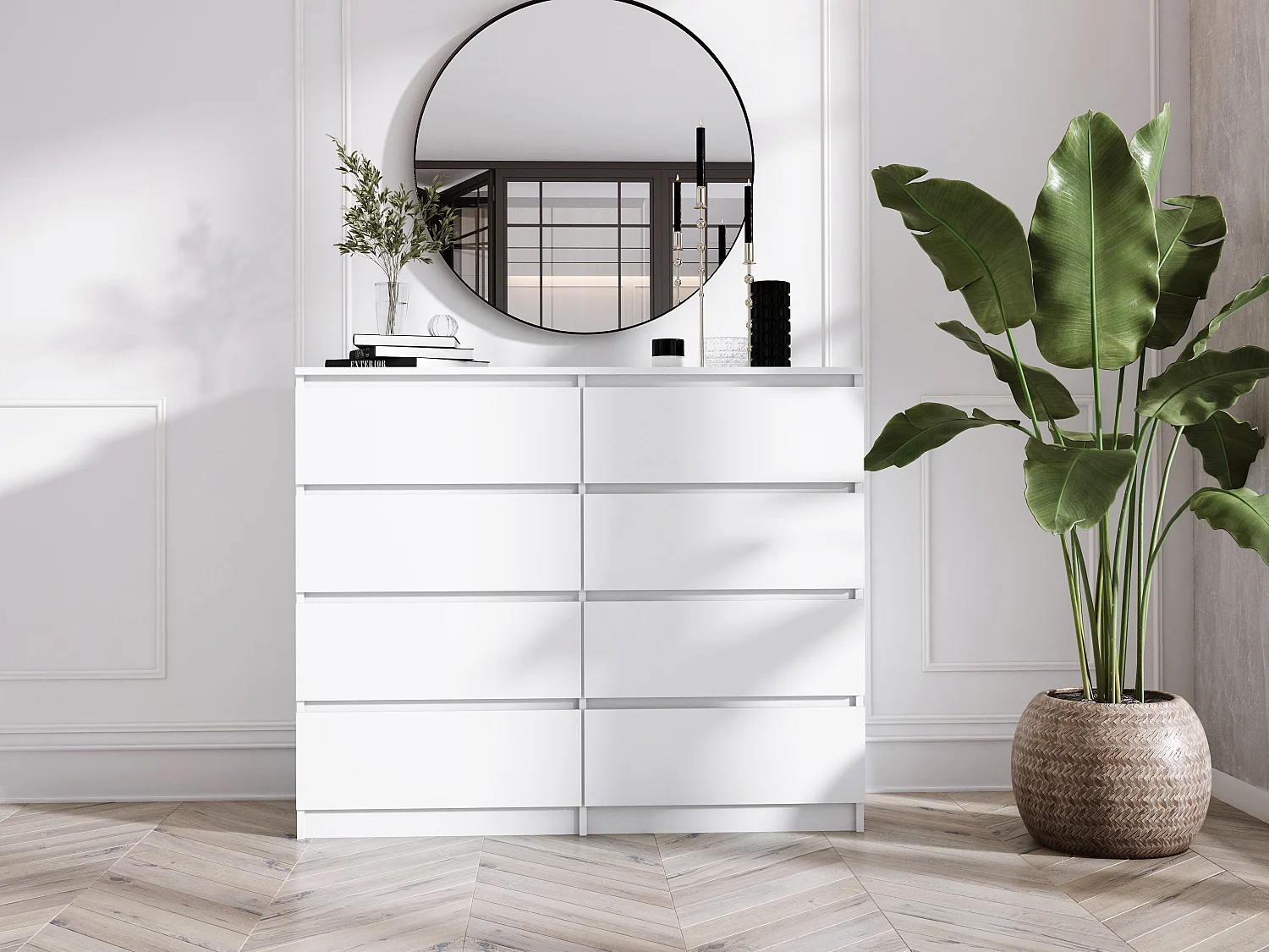 Commode 8 tiroirs : Blanc Mat, 120 x 39 x 101 cm