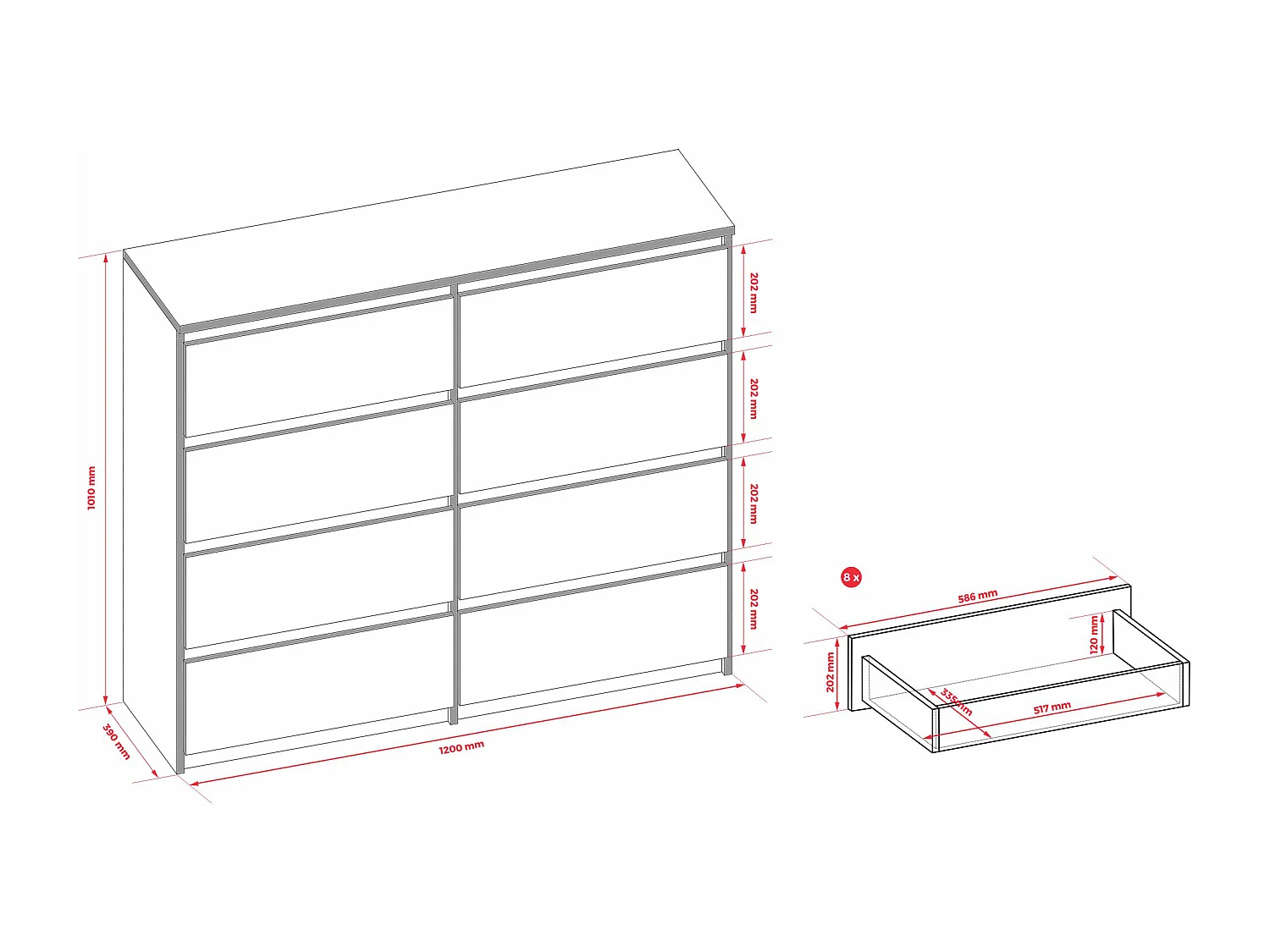 Commode 8 tiroirs : Blanc Mat, 120 x 39 x 101 cm