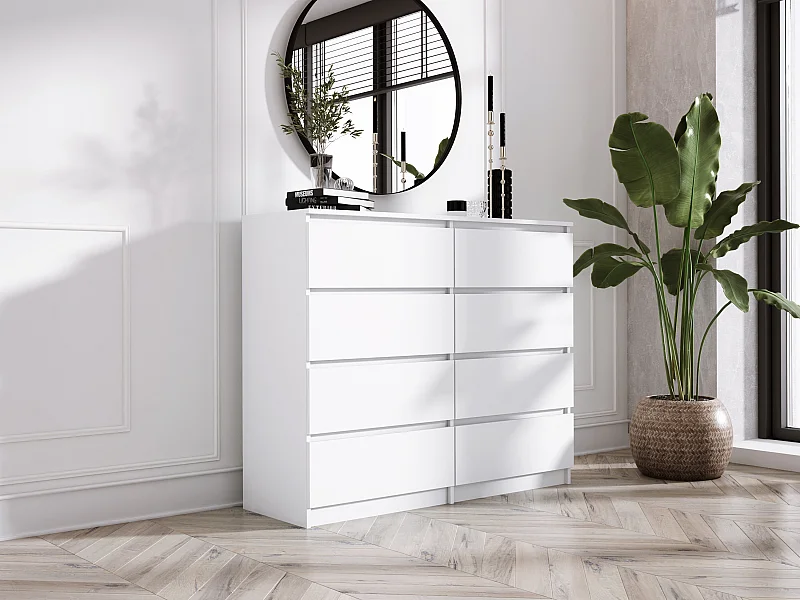 Commode 8 tiroirs : Blanc Mat, 120 x 39 x 101 cm