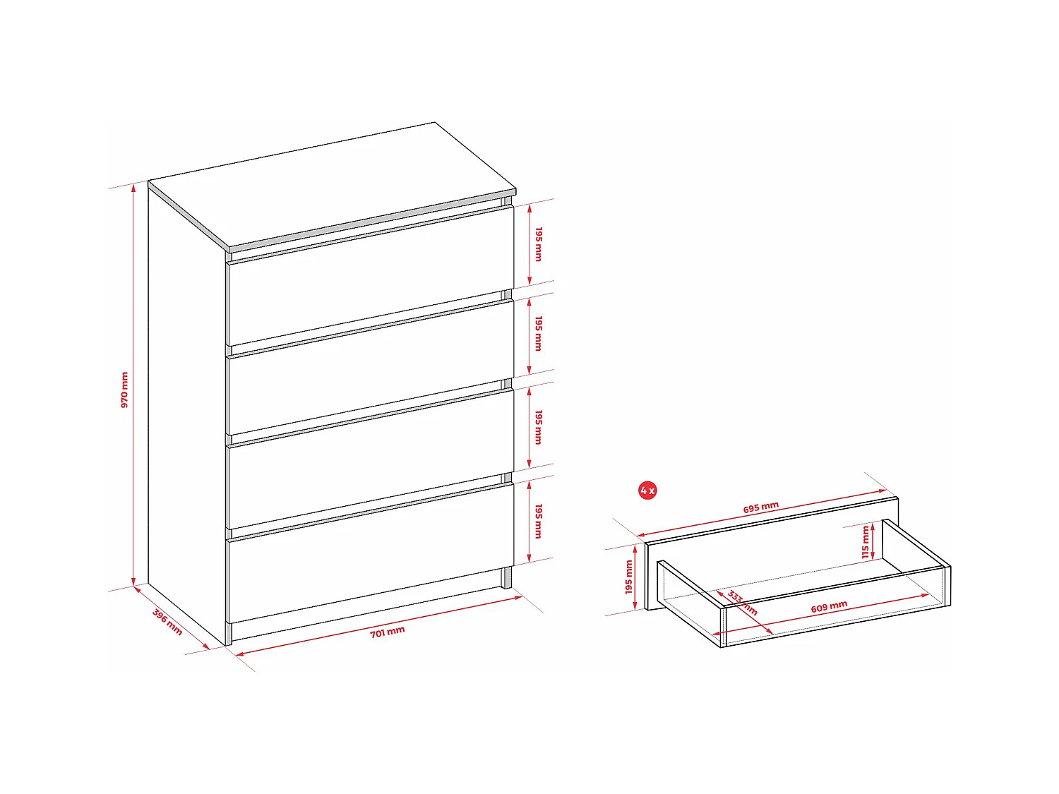 Kommode: 4 Schubladen, Ton, 40 x 97 x 70 cm