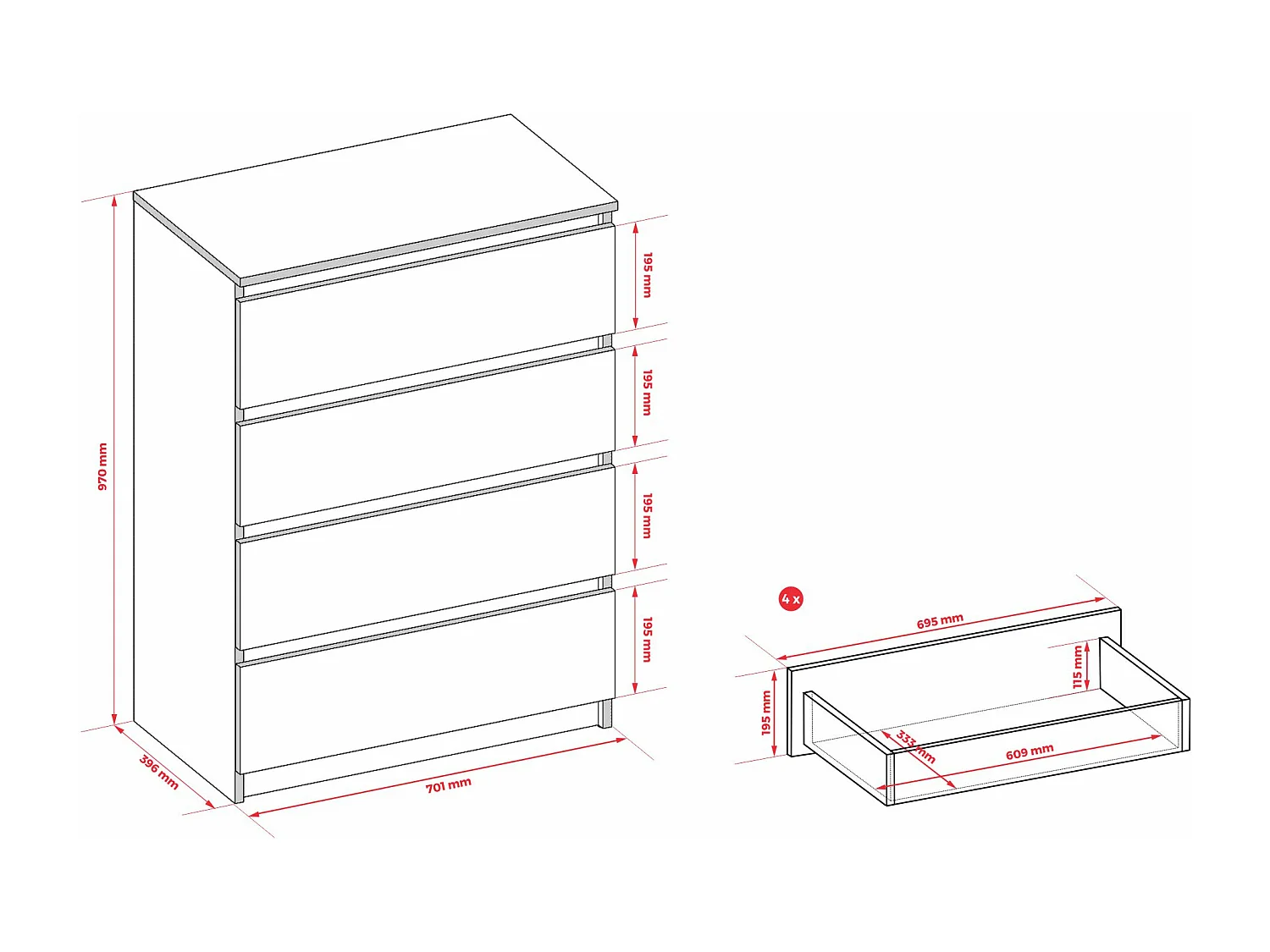 Commode : 4 Tiroirs, Argile, 40 X 97 X 70 Cm
